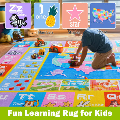 OHDS Kids Rugs for Playroom - Soft & Non-Slip 5x7 Feet Educational Rug for Learning ABC Alphabet, Numbers, Shapes & Map, Washable Classroom Rug for Toddler Nursery & Kids Room Decor