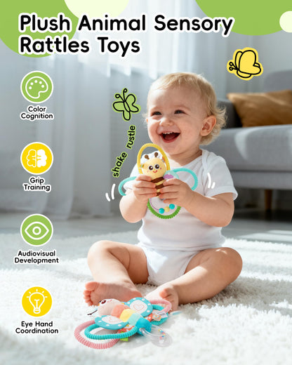 Jollybaby Soft Baby Rattles & Plush Rings Toy for Newborn 0-3-6-12 Months, Sensory Developmental Hand Teether Toys for Infant 0-2-4-7-8-9 Months, Baby Shower & Birthday Gifts - Bee