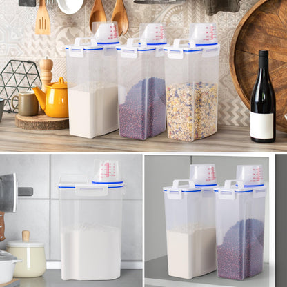 HNNJCK 4 Pcs Set Rice Storage Container 5.5lb, Rice Dispenser with Measuring Cup & Pour Spout for Flour Pasta Grain Pet Dog Cat Bird Food Storage Container