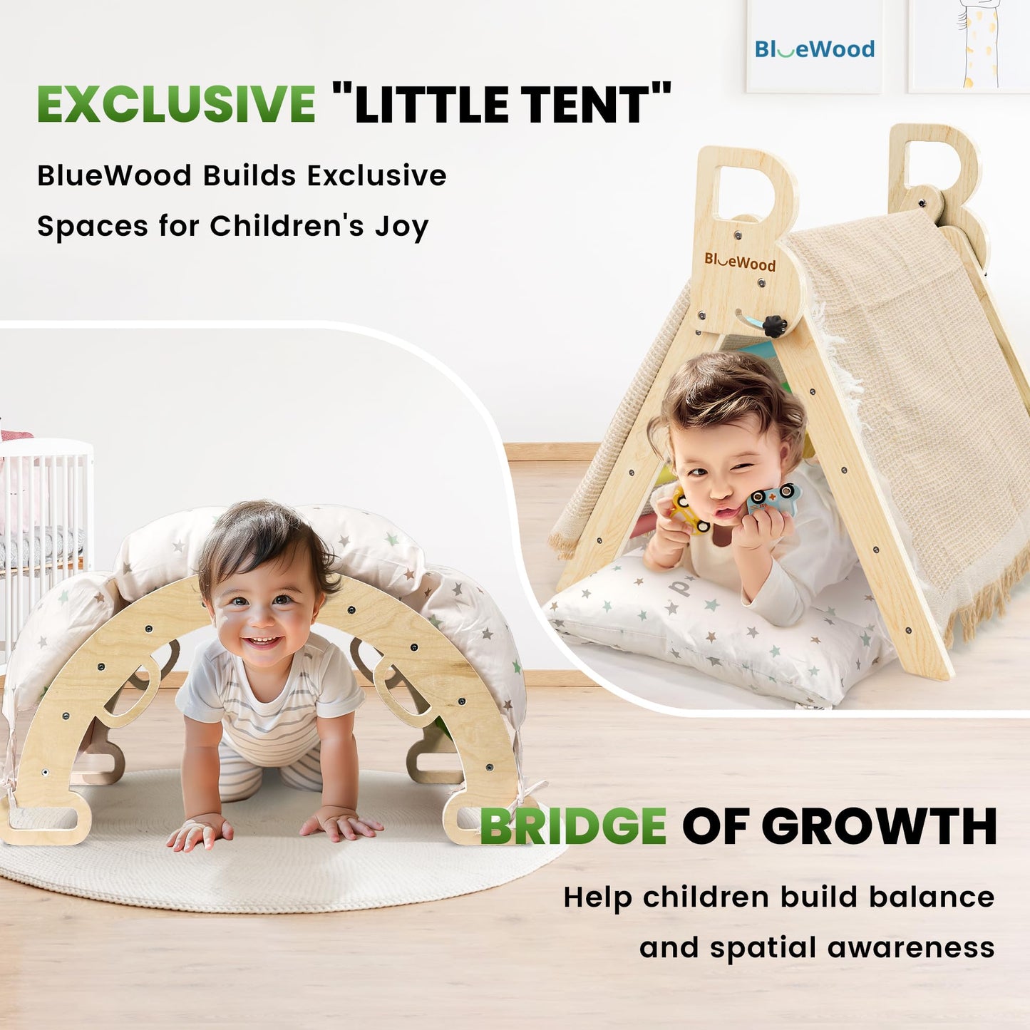 BlueWood Pikler Triangle Set with Cushion - Climbing Toys for Toddlers 9-in-1, Montessori Philosophy Play Jungle Gym with Arch, Ramp, Ladder (Rainbow)