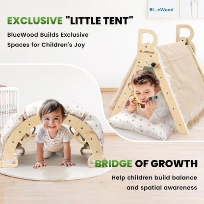 BlueWood Pikler Triangle Set with Cushion - Climbing Toys for Toddlers 9-in-1, Montessori Philosophy Play Jungle Gym with Arch, Ramp, Ladder (Rainbow)