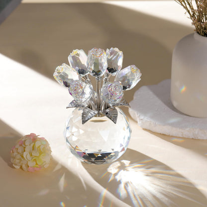 Clear Rose Flower Crystal Figurine with Vase, Bouquet Flowers Ornament Gifts for Wife Girlfriend Women, Handmade Crystal Flower Collectible Home Table Decor for Valentines Day Wedding Anniversary