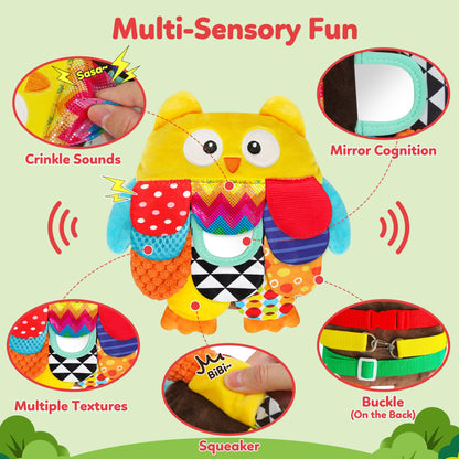 TSYAN Sensory Baby Owl Toy with Mirror, Crinkle & Squeaker–Tummy Time Educational Stuffed Animal for Infants 0-12 Months,Montessori Plush Toy Gifts for Newborns & Toddlers