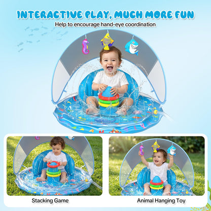 Qmioti Baby Splash Pad with Canopy, Inflatable Baby Pool with Sprinkler, Stackable Rings & Hanging Toys, Water Sprinkler for Kids, Summer Outdoor Water Play Toys for Baby Toddlers