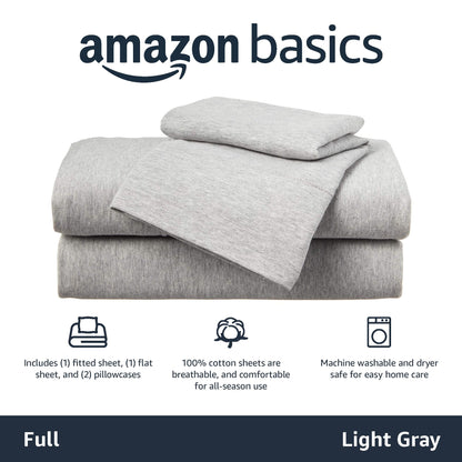 Amazon Basics 4 Piece Breathable 100% Cotton Jersey Knit Bed Sheet Set, Includes Flat and Fitted Sheets, Pillowcase, Stretchy, Full, Light Gray, Solid
