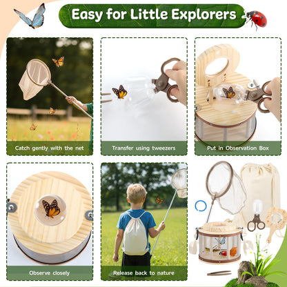 GAGAKU Kids Bug Catching Kit with Backpack - 8 in 1 Outdoor Explorer Set with Net, Wooden Box & Magnifying Glass, STEM Science Educational Toys Gifts for Boys Girls Ages 4-12