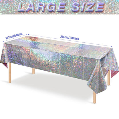 3 Pack New Iridescent Silver Tablecloth Party Decorations, Holographic Silver Glitter Plastic Tablecloth, Disposable Laser Rectangle Table Cover for Disco Birthday 70s Theme Party Decorations, 54x108"