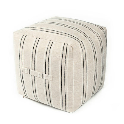 AELS Unstuffed Farmhouse Pouf Cover for Living Room, Boho Storage Bean Bag Cubes, Beige with Black Stitch Yarn Dyed Stripe Square Ottoman Pouf Foot Rest Footstool, 18"x18"x18", Cover ONLY