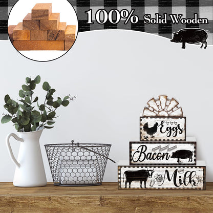 Jetec 4 Pcs Farmhouse Kitchen Decor Wooden Tiered Tray Decor Cow Rooster Pig Rustic Bathroom Signs Decorative Faux Stacked Table Centerpiece Block Sign for Home Living Kitchen Dining Room Shelf