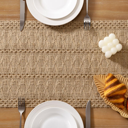 Socomi Boho Table Runner Easter Spring Farmhouse Burlap Jute Bamboo Rustic Dining Kitchen Centerpiece Decor Small Macrame Woven Coffee Table Runner for Dresser Scarf Home Decor 12x36 inch