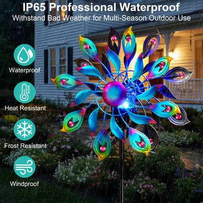 360°Peacock Solar Wind Spinner with Lights Blue Metal Garden Outdoor Decor Yard Lawn Art Decor for Patio Kinetic Windmills Unique Gifts for Friends and Family 51.9' H x 12.2'' Dia