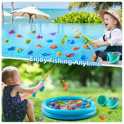 JUKUDAHU Magnet Fishing Toys Game for Kids 3-5 - Floating Fish Toys with Inflatable Kiddie Pool, Bath for Toddlers, Pole Rod Net, Outdoor Party for Boys Girls Kids Age 3 4 5 6 7 8 Year Old