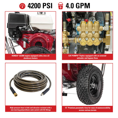 Simpson 4200 PSI Gas Pressure Washer, 4.0 GPM Commercial Power Washer, Honda Engine, 50' Hose, Aluminum Water Blaster Series, 49-State Compliant (ALWB60828)
