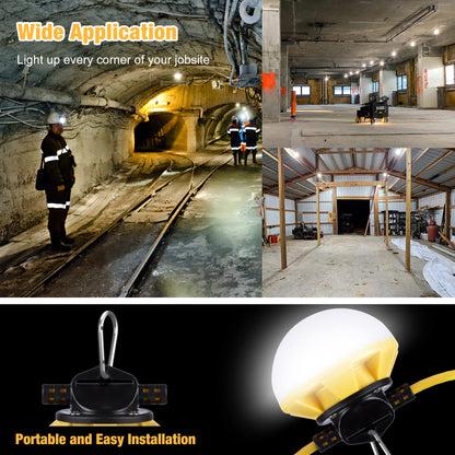 G GJIA 100FT Construction String Lights, IP65 Waterproof ETL Certified LED String Work Lights, 5000K Daylight 18AWG Wire Linkable Temporary Construction Lighting for Jobsite with 10 Bulbs & Hooks
