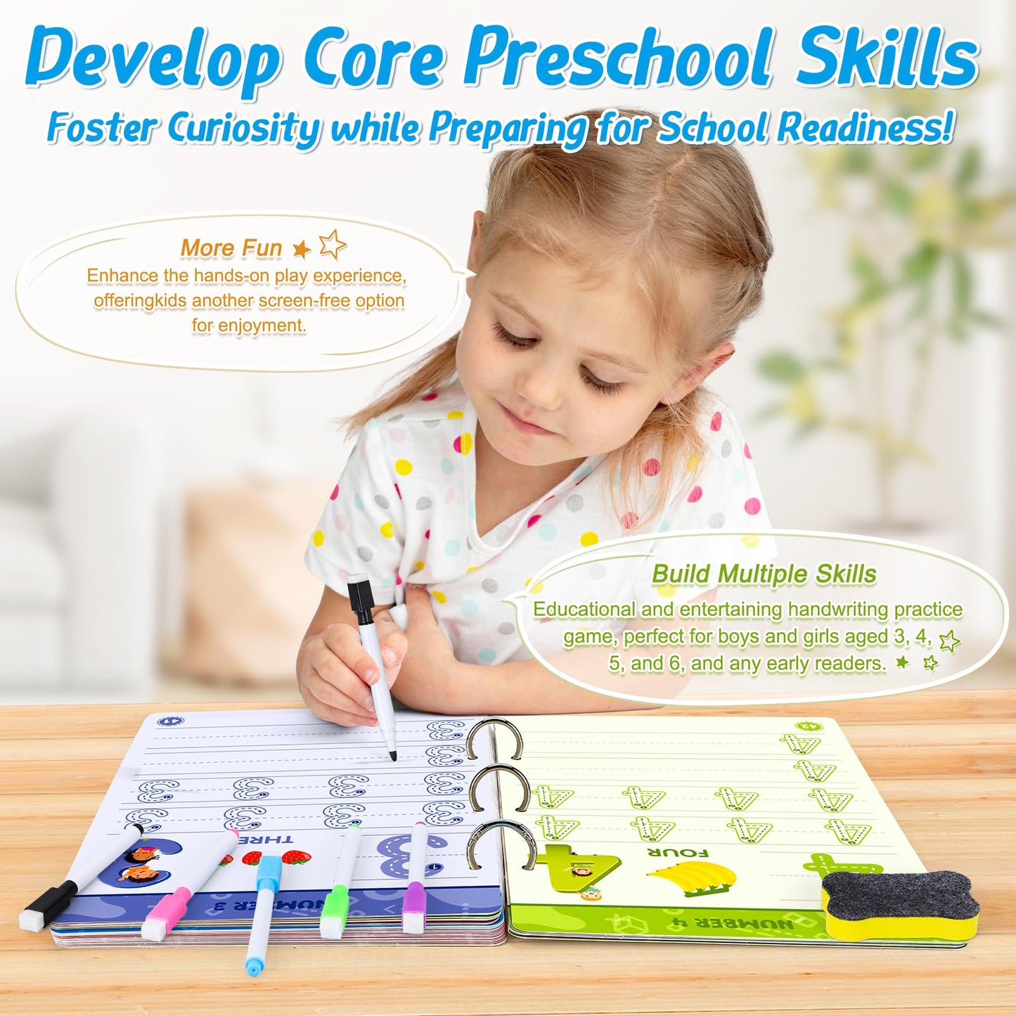 FIPKE Preschool Handwriting Practice Book, Toddlers Preschool Learning Activities with 60 Pages Reusable Magic Practice Copybook for Kids, Educational Montessori Toys for 3 4 5 6 Year Old