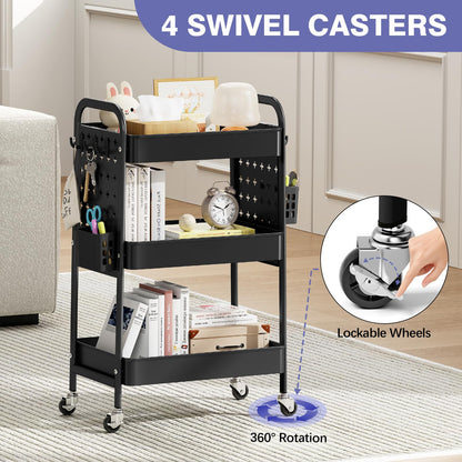 KINGRACK 3 Tier Rolling Cart with DIY Pegboard, Metal Utility Cart with Wheels, Hooks & Baskets, Sturdy Storage Organizer for Craft, Bathroom, Kitchen, Office, Nursery, Classroom
