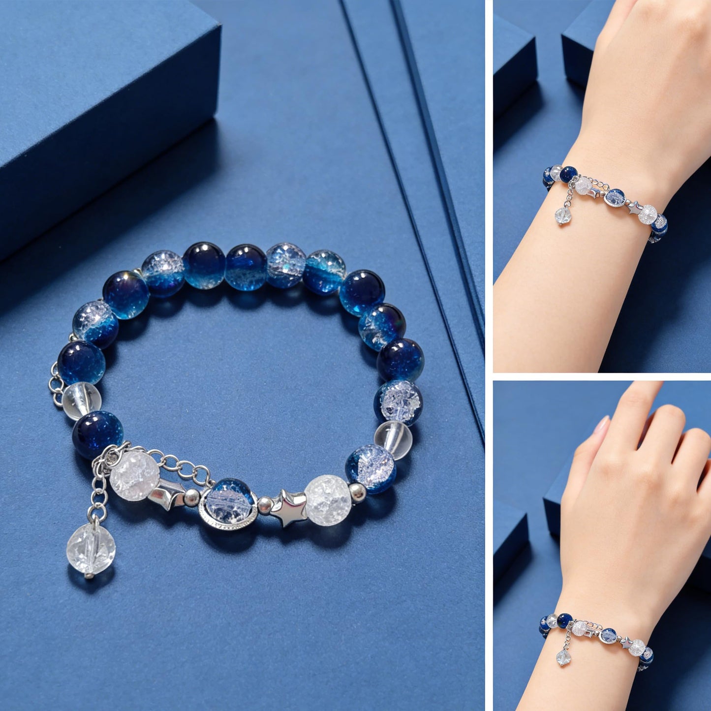 VIEKYBUTTY Blue Moon Starry Sky Beaded Bracelet - Silver Space Crystal Whimsical Gemstone Bracelet for Women