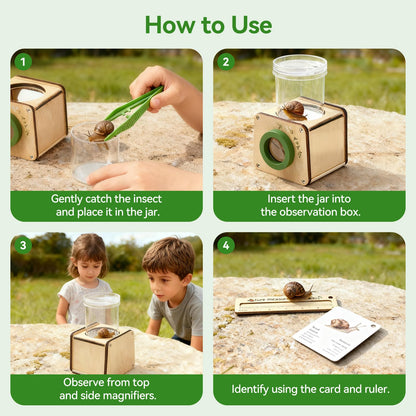 Wooden Bug Catcher for Kids, Tri-View Bug Viewer Kit, Top & Bottom Magnifiers, Insect Observation Container with Tweezers, Ruler & 10 Insect Cards, STEM Outdoor Explorer Toy