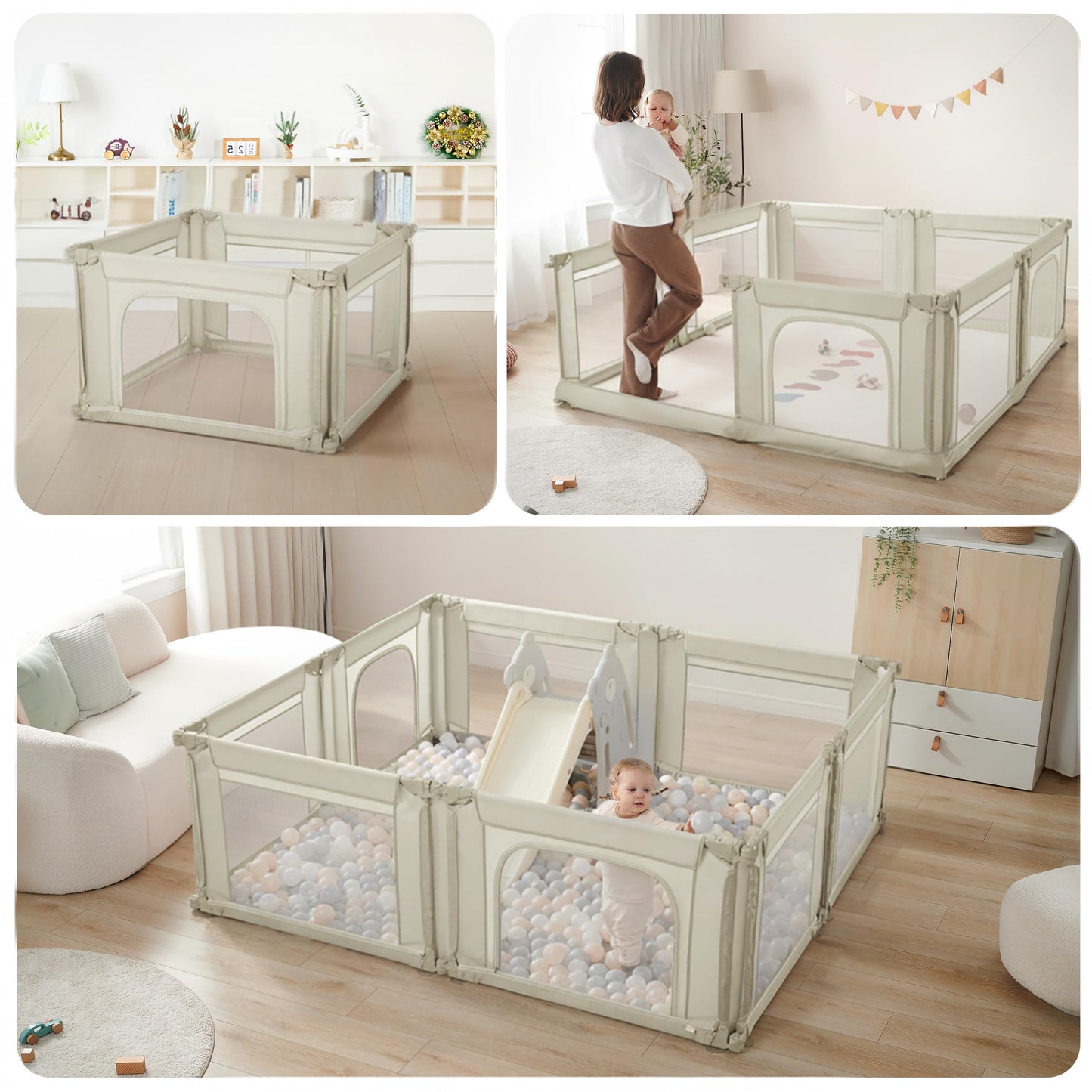 Sweeby Baby Playpen, Foldable Playpens for Babies and Toddlers with Gate, Large Playpen with Door Play Yard for Baby Fence Indoor and Outdoor Portable Play Pen,(59"x59", Beige)