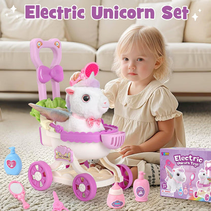 TUZT Girl Interactive Walking Unicorn Stroller Toy Set with Plush Electric Unicorn & Groom Care Accessories, Pretend Play Christmas Birthday Gift Toddler 3 4 5 6 Years, Unicorn Toys for Girls 4-6