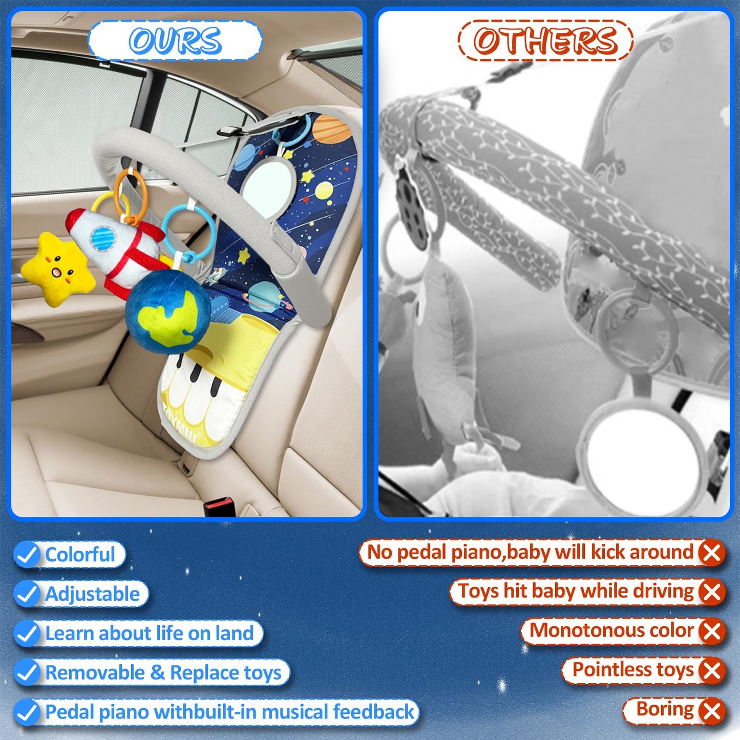 TOYMNI Car Seat Toys for Baby Infant 6 Months and Up, Carseat Toys with Musical Pedal Piano, Baby Mirror and Hanging Squeaky Sensory Soft Baby Toys 6 to 12 Months, Baby Car Toys Rear Facing