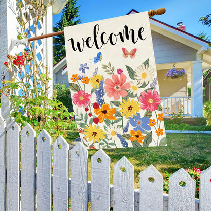 Baccessor Spring Summer Welcome House Flag Double Sided 28x40 Inch Burlap,Floral Butterflies Large Garden Flag Porch Patio Front Entry Yard Seasonal Farmhouse Outside Outdoor Decor