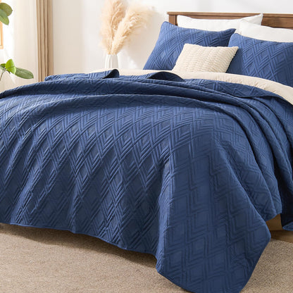 EMME Quilts Queen Size Bedding Sets, Navy Blue Bedspread Soft Lightweight Pre-Washed Quilt, 3 Piece Cozy Reversible Microfiber Ultrasonic Coverlet with Pillow Sham (Diamond Pattern,90"x90")