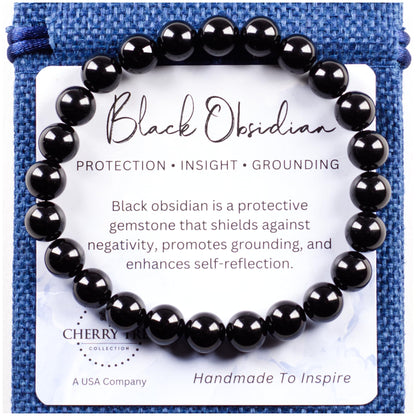 Cherry Tree Collection - Handmade Crystal Beaded Stretch Bracelets For Women and Men - Small, Medium, Large Sizes - Healing Properties Card - 8mm Round Beads (Black Obsidian - Medium)