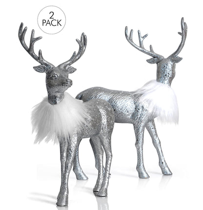 Ornativity Silver Glitter Christmas Reindeer - Xmas Holiday Party Deer Figurine Statues Dinner Tabletop Decorations Centerpiece Mantle - 12" Pack of 2