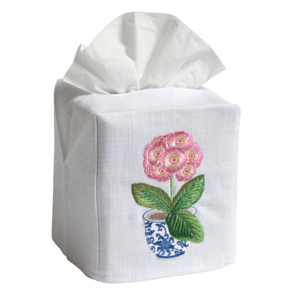 Jacaranda Living Square Tissue Box Cover, Linen/Cotton Fabric Tissue Holder, Decorative Cloth Tissue Cube Cover, Cover, Botanical Designs, Potted Primrose (Pink)
