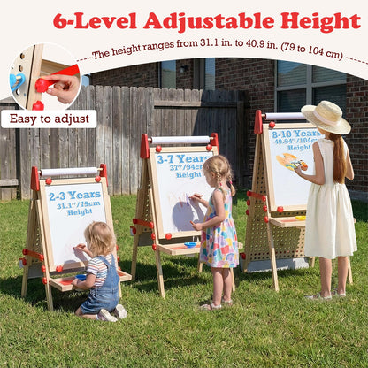 OLAKIDS 4 in 1 Easel for Kids with Marble Run, Magnetic Whiteboard, Chalkboard, Drawing Paper Roll, 6-Level Adjustable Height for Toddlers Ages 3-10