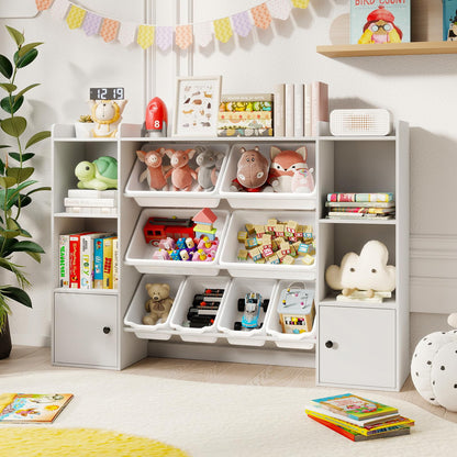 Costzon Kids Toy Storage Organizer w/ 8 Bins, Wooden Toddler Bookcase w/Open Shelves & Cabinet, Multifunctional Toy Storage Cabinet for Kids Room, Nursery & Playroom