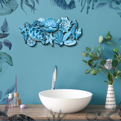 Qunclay Summer Ocean Themed Wall Decorations Sea Horse Shell Coastal Wood Sea Turtle Starfish Ocean Voyage Wall Hanging Decor for Home Pool Living Room Bedroom Outdoor Art, 15.8 Inch