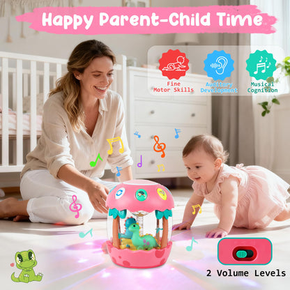 M SANMERSEN Baby Girl Toys 6-12 Months, Dinosaur Rotating Light Up Musical Baby Toys for 0-6 12-18 Months Newborn Infant Crawling Tummy Time Toys, Birthday Easter Gifts for Baby Girls- Pink