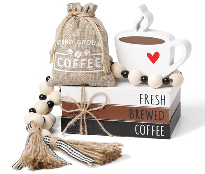 Coffee Bars Decor, 6 PCS Coffee Bar Decorations,Mini Wooden Book Stacks with Bead Garland, Coffees Bar Accessories for Tiered Tray,Table,Shelf,Rustic Farmhouse Home Decor