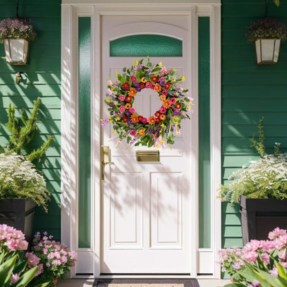 WSTPUPU Artificial Spring Wreath 22 Inch Summer Wreaths for Front Door with Green Eucalyptus Leaves Pink Daisy Lavender Spring Door Wreath for Farmhouse Wall Wedding Home Porch Easter