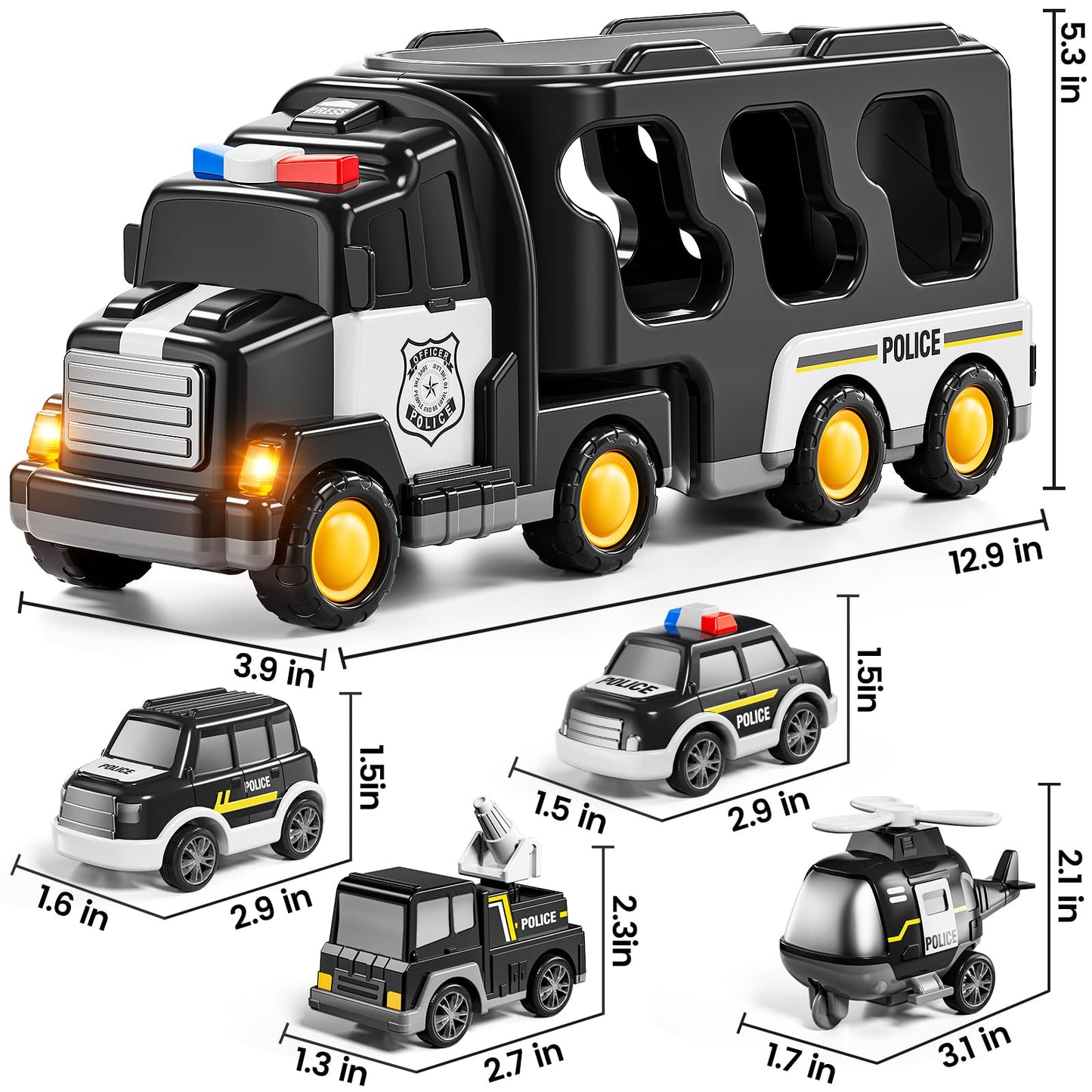 JUKUDAHU Police Truck Toy for 3 4 5 6 Years Old Boys - Carrier Vehicle Toy Set with 3 Small Cars and 1 Helicopter, Kids Firction Powered Car for Age 3-9, Gifts for Boys and Girls
