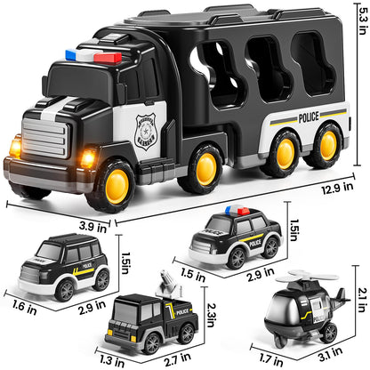 JUKUDAHU Police Truck Toy for 3 4 5 6 Years Old Boys - Carrier Vehicle Toy Set with 3 Small Cars and 1 Helicopter, Kids Firction Powered Car for Age 3-9, Gifts for Boys and Girls