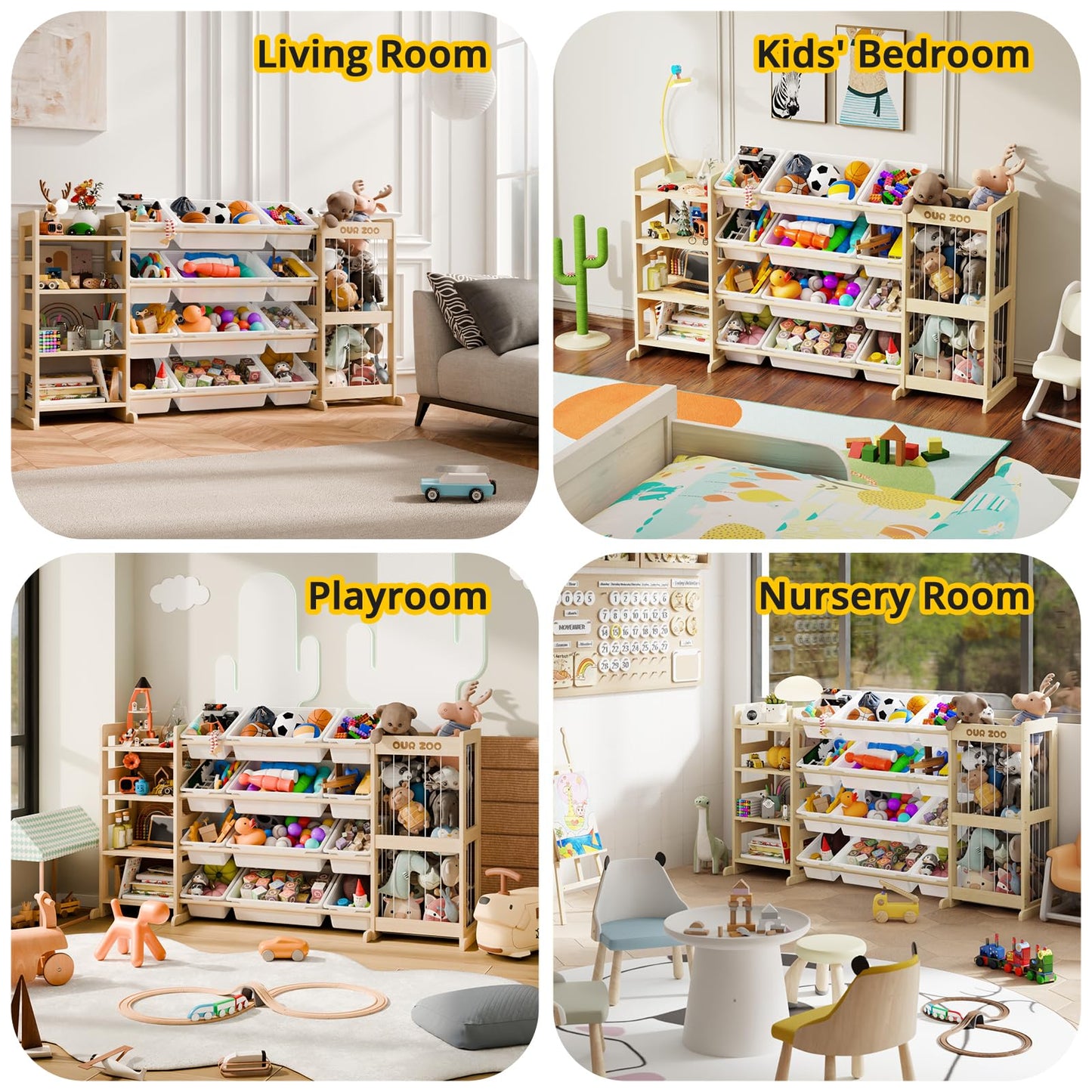 Large Kids Toy Storage Organizer - Toy Organizers and Storage with Stuffed Animal Storage, Kids Toy Storage Shelf with 12 Plastic Bins, 4-Tier Bookshelf for Kids Room, Playroom, Bedroom, 59 inch