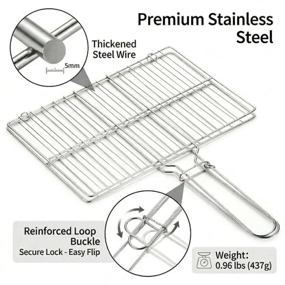Stainless Steel Fish Grill Basket for Outdoor BBQ, Heavy Duty Lockable Grilling Rack for Fish Vegetables Steak Veggies Shrimp Meat, Portable Campfire Cooking Mesh Grate Tool, 12 x 8 Inch