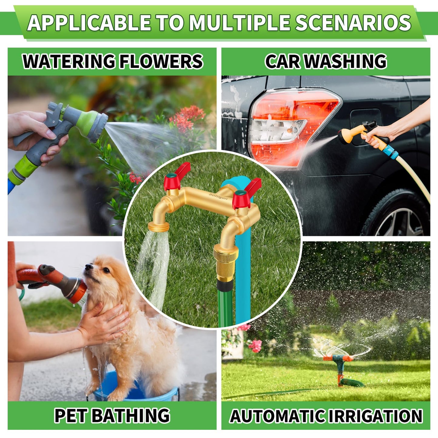 Boltigen 3 Way Water Hose Valve Splitter, Brass High Flow Garden Hose Faucet, 3/4 NPT Inlet to 3/4 GHT Outlet Garden Hose Manifold, Three Way Water Outdoor Splitter with Shut Off, Gold