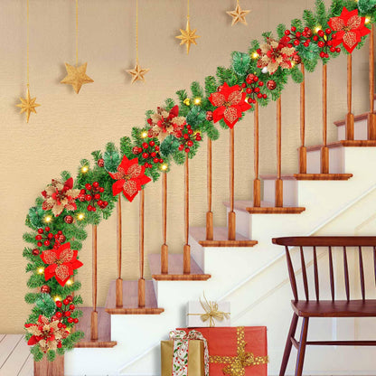 9Ft Pre-lit Christmas Garland with LED Lights Battery Operated, Holiday Decoration Stairs Wall Mantle Door Indoor Outdoor, Decorated with Red Flower, Balls, Berries, Snowy Pine, Christmas Collection