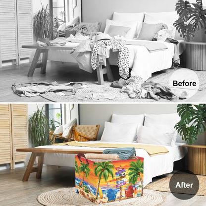 Clastyle Summer Beach Towel Storage Basket Palm Tree Lounger Kid Gift Toy Box Baby Laundry Hamper Collapsible Large Clothes Organizer Nursery Bin for Outdoor, Seashores, 40 * 30 * 30 cm