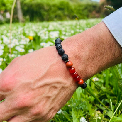 TEJO Natural Stone Beaded Bracelet – Handmade Energy Healing Bracelet for Men & Women, Yoga Chakra Jewelry Gift (Black & Red Natural Stone Bracelet – for Men, 7 inches)