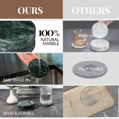 Koville Marble Coaster Set of 4, Round Coasters, 4" Stone Coaster for Drinks Coffee, White Marble Coasters for Coffee Table Home Bar Decor, Heat Resistant, Gift Choice(Green)
