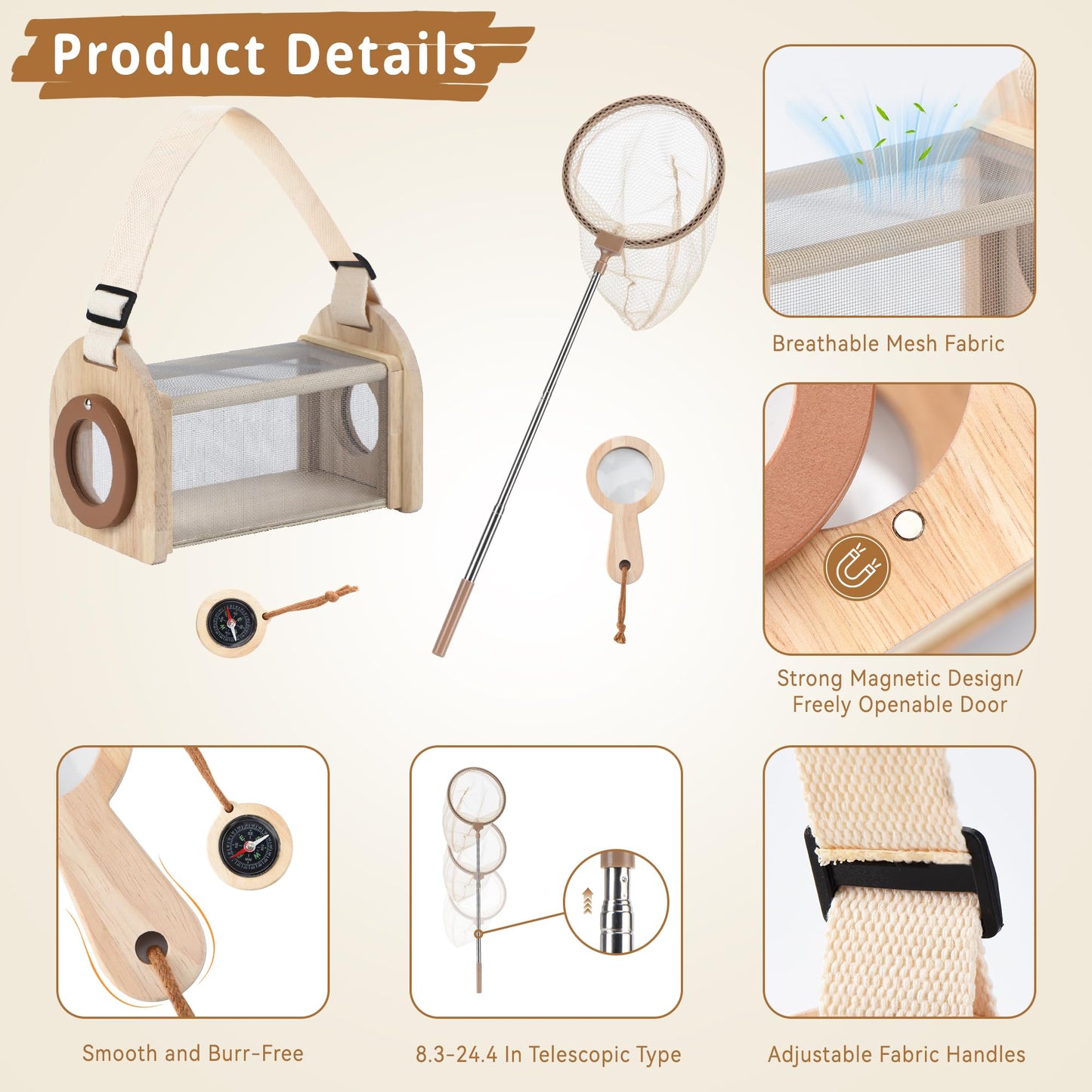Wooden Bug Catching Kit for Kids - 10 PCS Outdoor Exploration Set with Bug Habitat, Magnifying Glass, Bug Container &Other Adventure Kit —STEM Educational Toy for Boys & Girls Ages 4-8