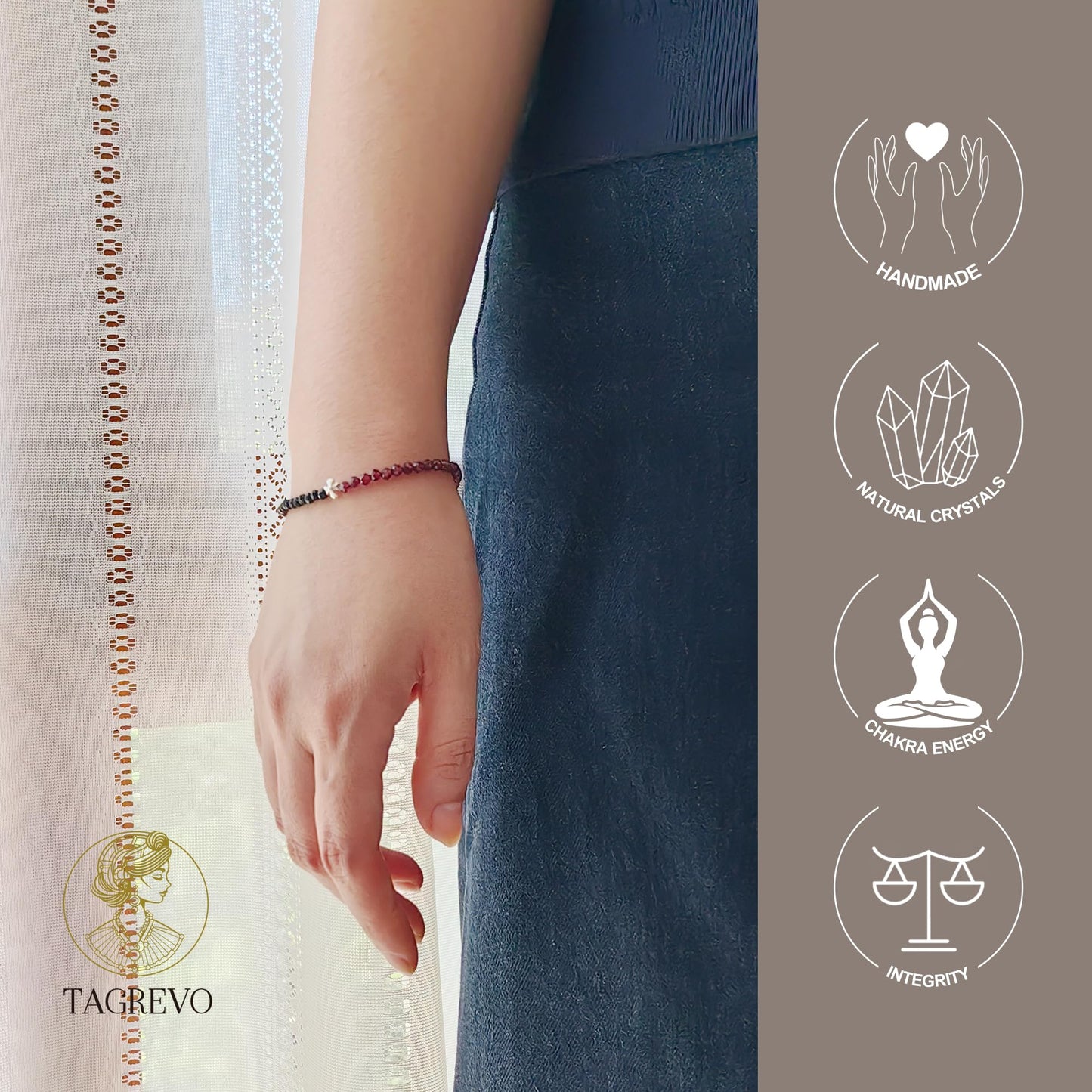 TAGREVO Natural Garnet & Black Spinel Crystal Two-Tone Faceted Bead Bracelet, 925 Silver Cross Charm Jewelry for Women, Handmade Adjustable Dainty Gemstone Beads for Daily Wear