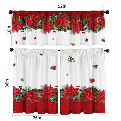 Cuteiush Christmas Poinsettia Curtain Valances Set of 3 Panels,Red,White&Green Rod Pocket,Festive Decor for Kitchen Bedroom, Bathroom,Laundry,52x18 Inch + 2x36x26 Inch