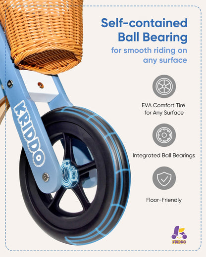 KRIDDO 2 in 1 Wooden Kids Tricycle and Balance Bike with Pattern for 1-4 Years Old, No-Pedal Tricycle and Toddler Balance Bike with Basket and Adjustable Seat, Ideal for Outdoor and Indoor, Blue