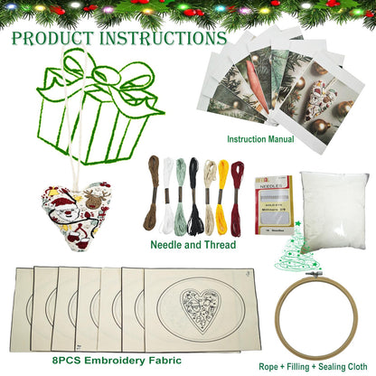 GDGJWL DIY Heart Shaped Hand Embroidered Christmas Ornament Kit Complete Craft Set with Pre-Printed Fabric Embroidery Thread Holiday Cross Stitch Decor for Beginners Adults and Home Decor (DIY)